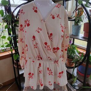 Ophelia Roe Wrap Blouse Cream Red Floral Small BOHO Blouson Peplum floral elasti